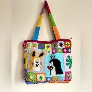 Multicolor Crochet Tote with Penguin Design